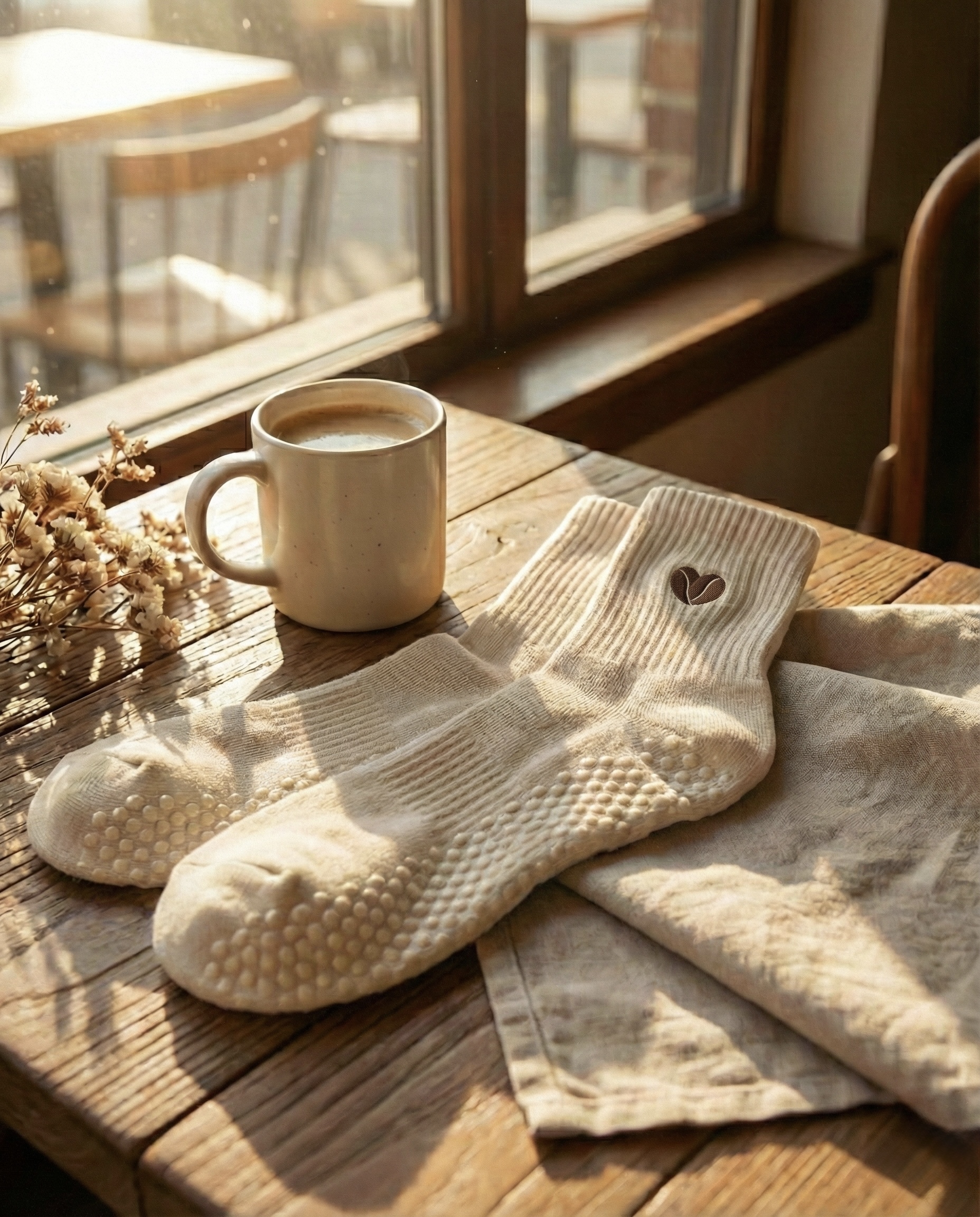 Beansocks premium grip socks with coffee bean logo, paired with a warm latte in morning light