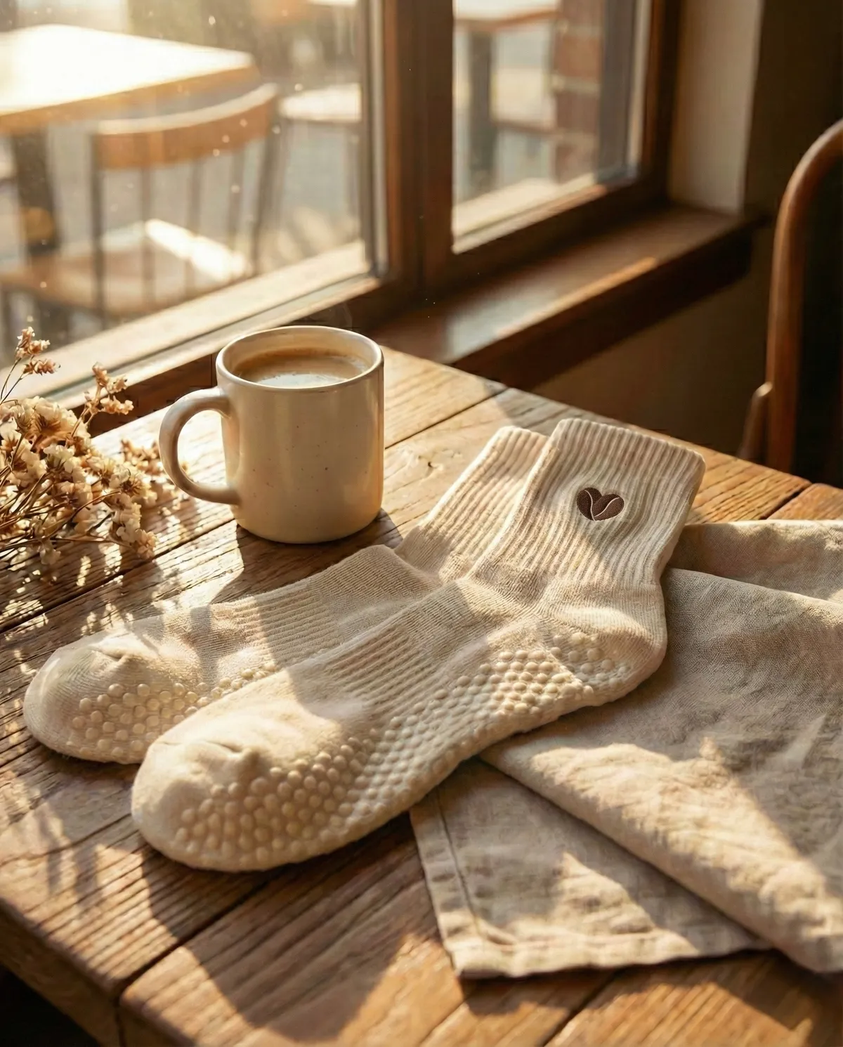 BeanSocks premium grip socks beside a latte in warm morning light